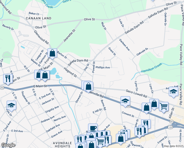map of restaurants, bars, coffee shops, grocery stores, and more near 303 Turner Street in Easley