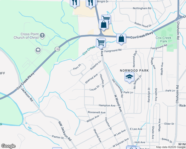 map of restaurants, bars, coffee shops, grocery stores, and more near 2315 Sherrod Avenue in Florence