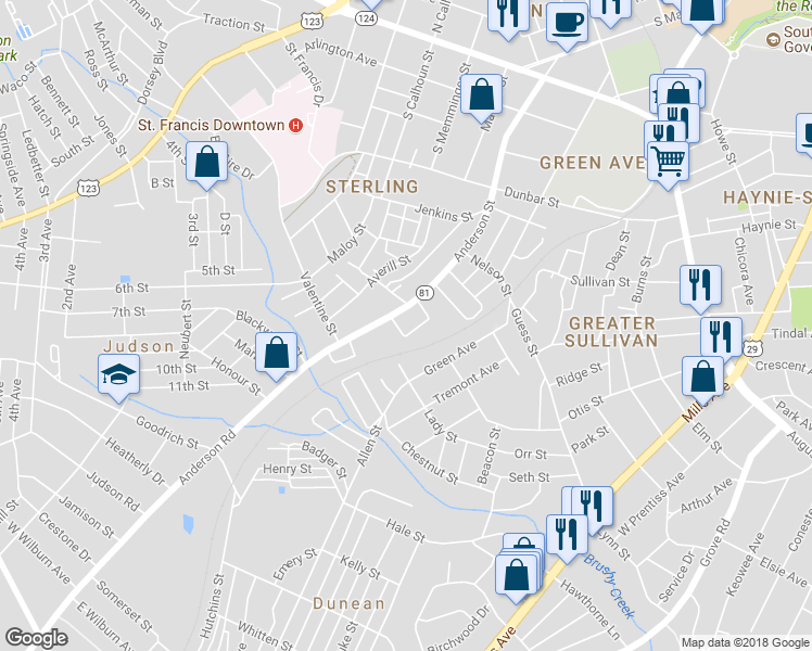 map of restaurants, bars, coffee shops, grocery stores, and more near 901 Anderson Road in Greenville