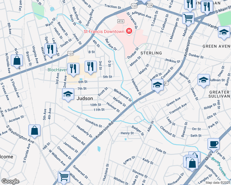 map of restaurants, bars, coffee shops, grocery stores, and more near 200 Blackwood Street in Greenville