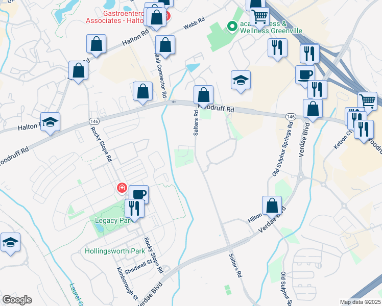map of restaurants, bars, coffee shops, grocery stores, and more near 11 Questover Drive in Greenville