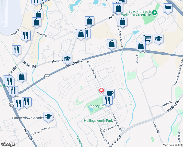 map of restaurants, bars, coffee shops, grocery stores, and more near 6 Jardin Drive in Greenville
