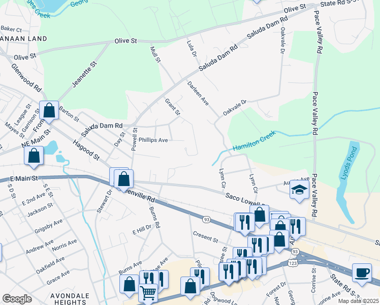 map of restaurants, bars, coffee shops, grocery stores, and more near 118 Meadowood Drive in Easley
