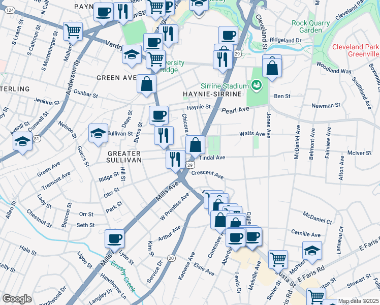 map of restaurants, bars, coffee shops, grocery stores, and more near 4 Dixon Street in Greenville