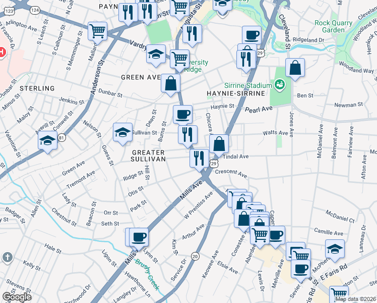 map of restaurants, bars, coffee shops, grocery stores, and more near 900 Augusta St in Greenville