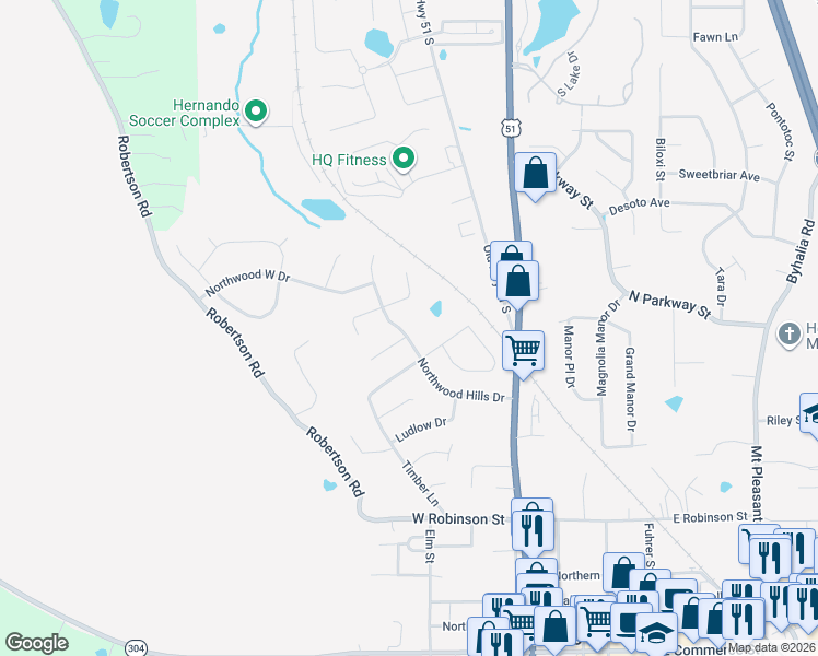 map of restaurants, bars, coffee shops, grocery stores, and more near 590 Northwood Hills Drive in Hernando