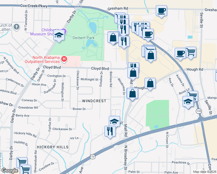 map of restaurants, bars, coffee shops, grocery stores, and more near 2269 Belview Road in Florence