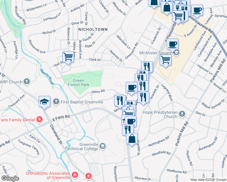 map of restaurants, bars, coffee shops, grocery stores, and more near 110 Glenn Road in Greenville