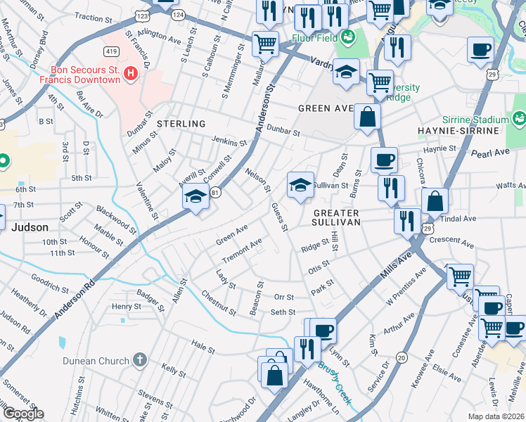 map of restaurants, bars, coffee shops, grocery stores, and more near 3 Guess Street in Greenville