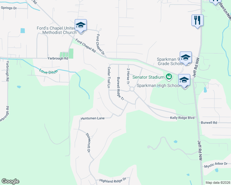 map of restaurants, bars, coffee shops, grocery stores, and more near 108 Jeff Ridge Tr in Harvest