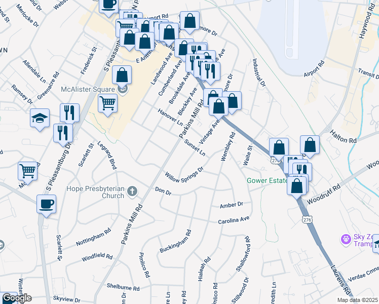 map of restaurants, bars, coffee shops, grocery stores, and more near 206 Vintage Avenue in Greenville