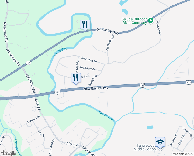 map of restaurants, bars, coffee shops, grocery stores, and more near 615 Sentell Road in Greenville