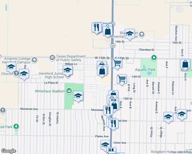 map of restaurants, bars, coffee shops, grocery stores, and more near 400 Jack Griffin Drive in Hereford