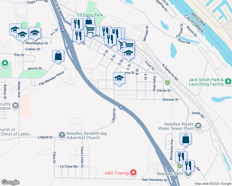 map of restaurants, bars, coffee shops, grocery stores, and more near 600 Cibola Street in Needles