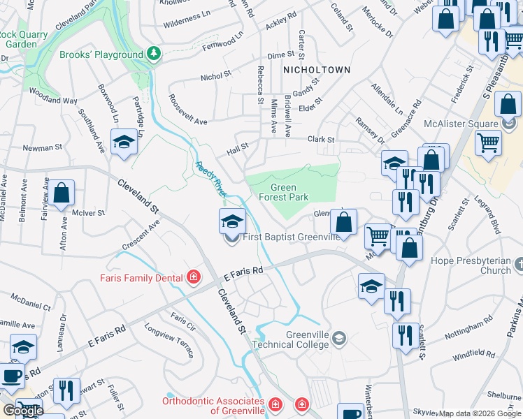 map of restaurants, bars, coffee shops, grocery stores, and more near 220 Alameda Street in Greenville