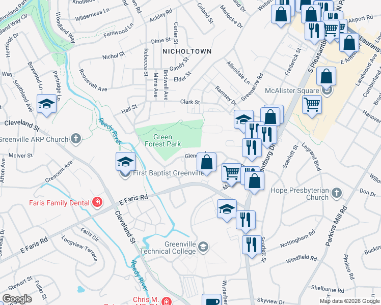 map of restaurants, bars, coffee shops, grocery stores, and more near 128 Glenn Road in Greenville
