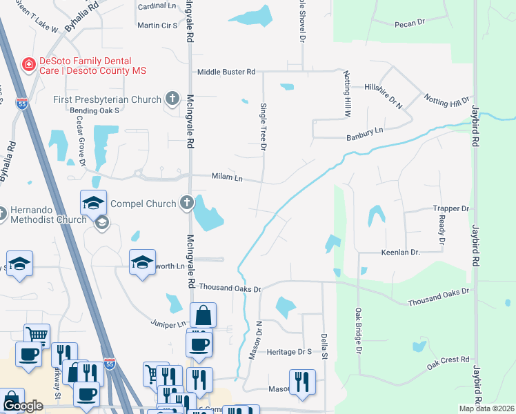 map of restaurants, bars, coffee shops, grocery stores, and more near 1215 Milam Lane in Hernando