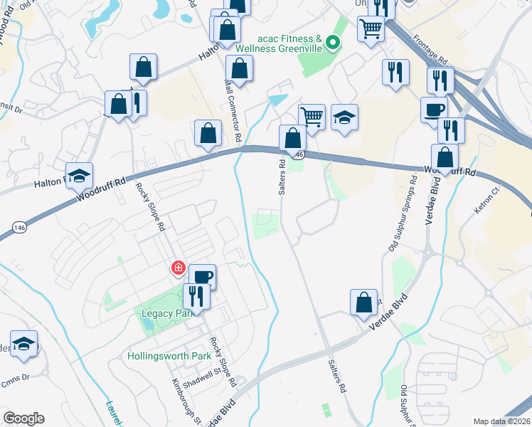 map of restaurants, bars, coffee shops, grocery stores, and more near 11 Questover Drive in Greenville