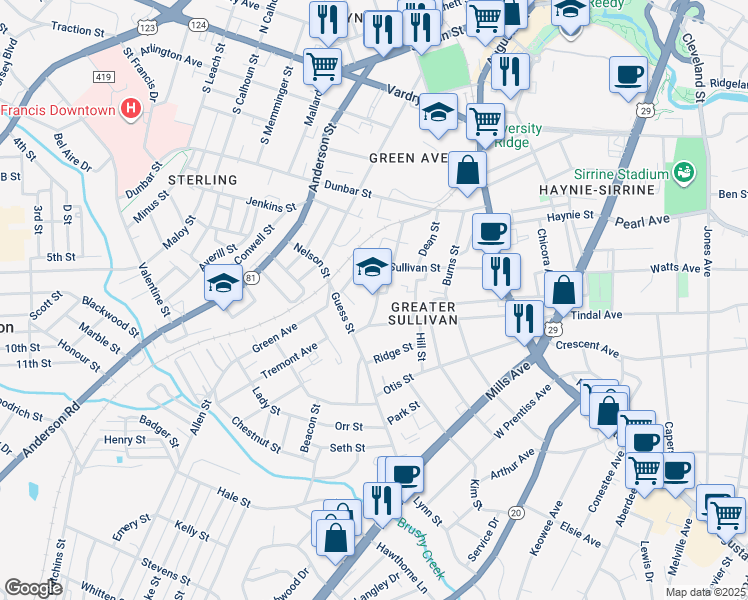 map of restaurants, bars, coffee shops, grocery stores, and more near 28 Bolt Street in Greenville