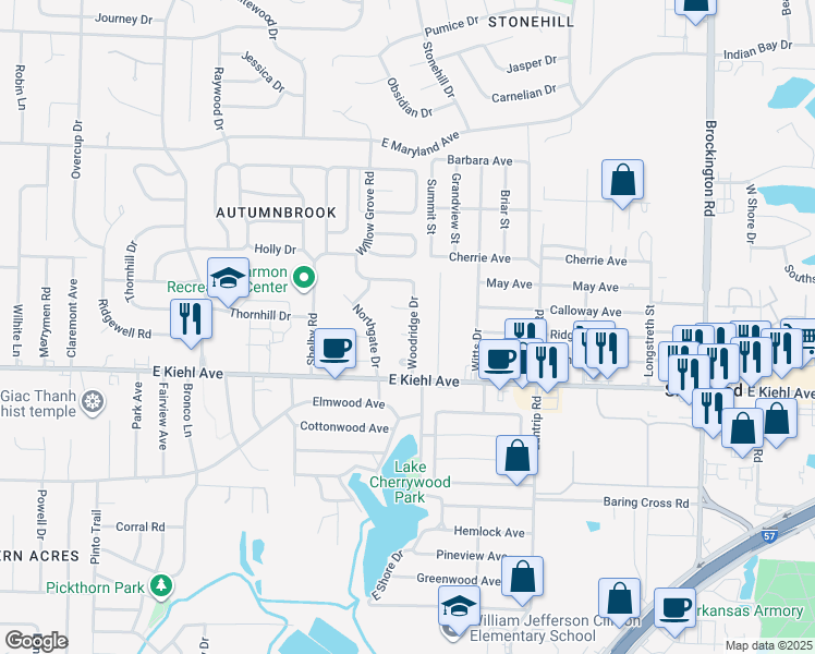 map of restaurants, bars, coffee shops, grocery stores, and more near 8620 Woodridge Drive in Sherwood