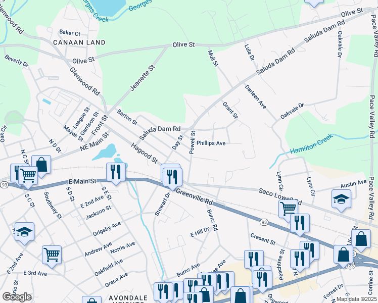 map of restaurants, bars, coffee shops, grocery stores, and more near 303 Turner Street in Easley