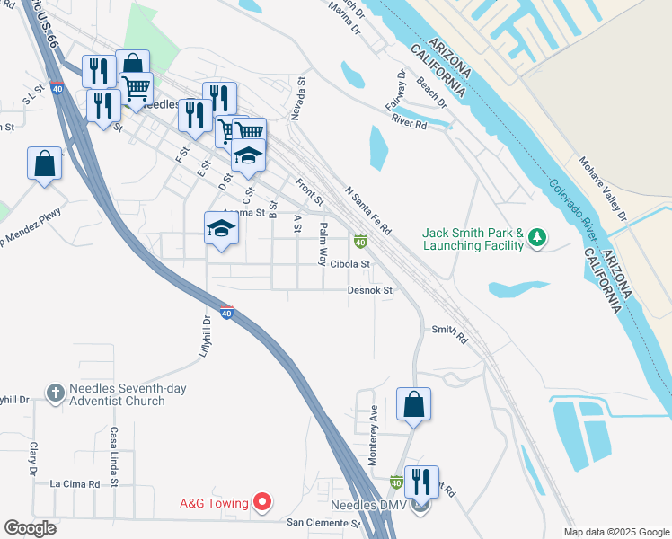 map of restaurants, bars, coffee shops, grocery stores, and more near 215 Cibola Street in Needles