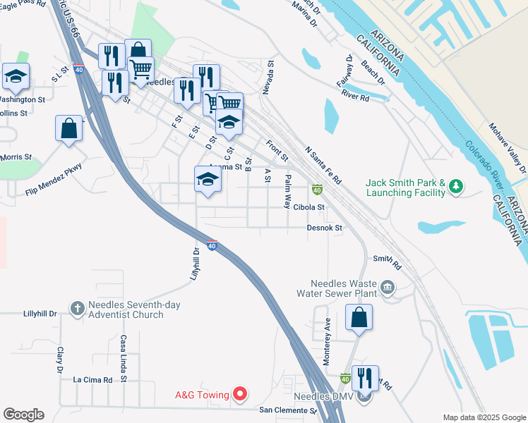 map of restaurants, bars, coffee shops, grocery stores, and more near 401 Cibola Street in Needles