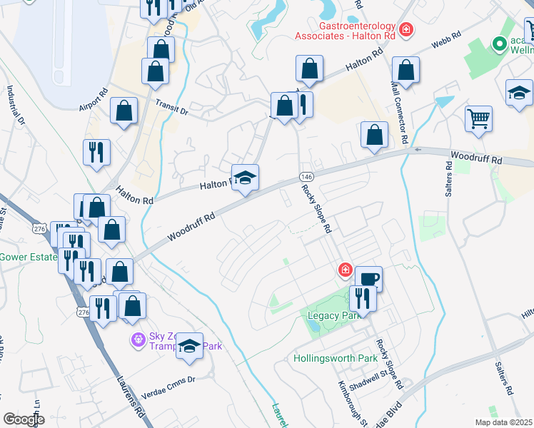 map of restaurants, bars, coffee shops, grocery stores, and more near 432 Woodruff Road in Greenville
