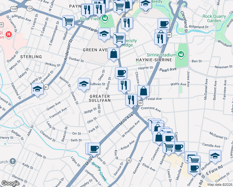 map of restaurants, bars, coffee shops, grocery stores, and more near 18 Woodfin Avenue in Greenville