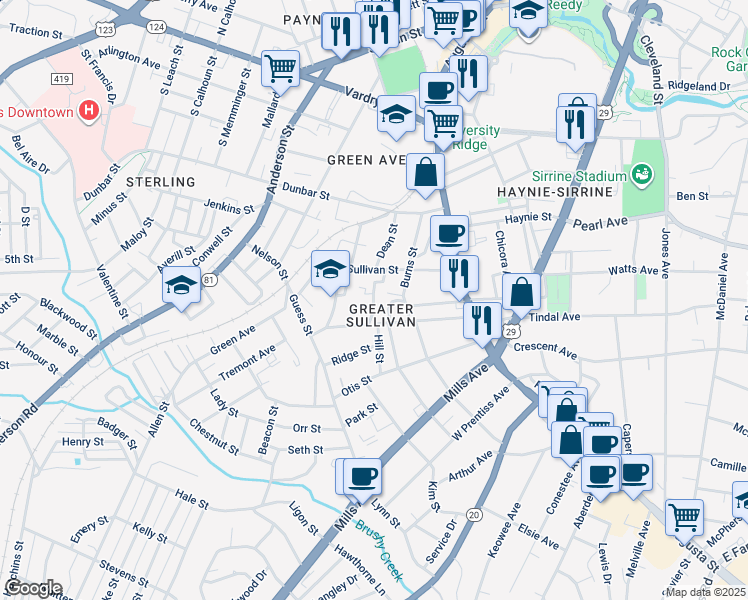 map of restaurants, bars, coffee shops, grocery stores, and more near 8 Burns Circle in Greenville