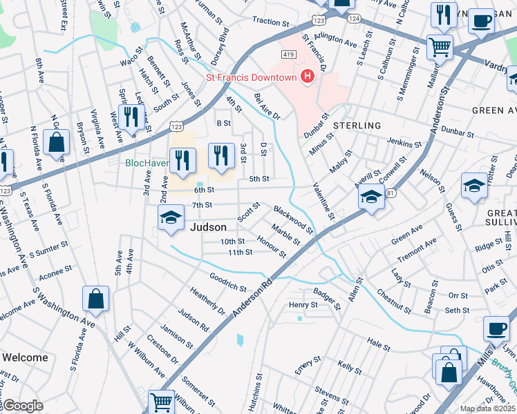 map of restaurants, bars, coffee shops, grocery stores, and more near 37 7th Street in Greenville