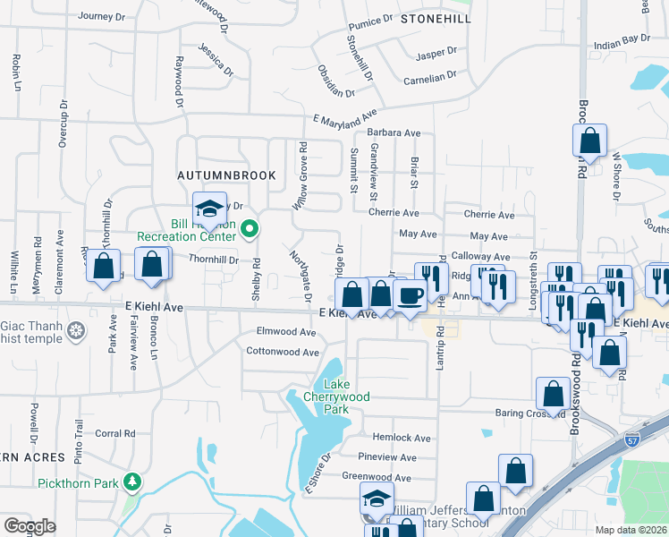 map of restaurants, bars, coffee shops, grocery stores, and more near 8620 Woodridge Drive in Sherwood