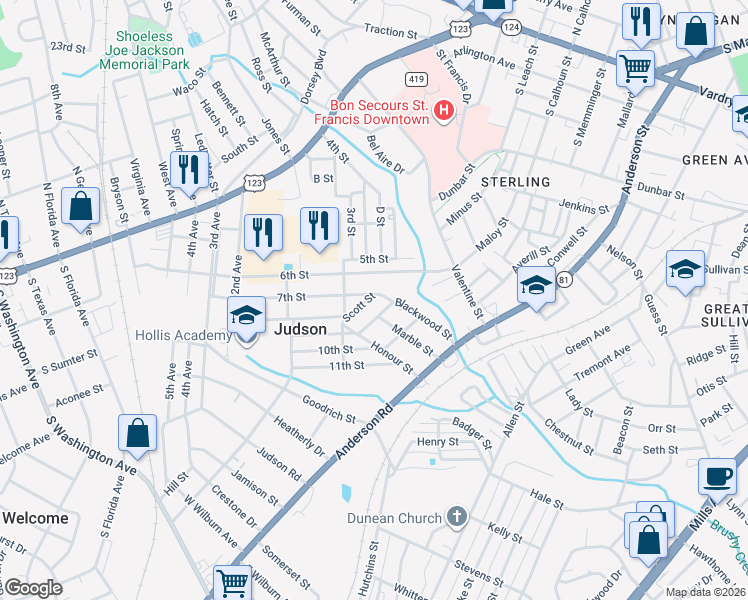 map of restaurants, bars, coffee shops, grocery stores, and more near 37 7th Street in Greenville