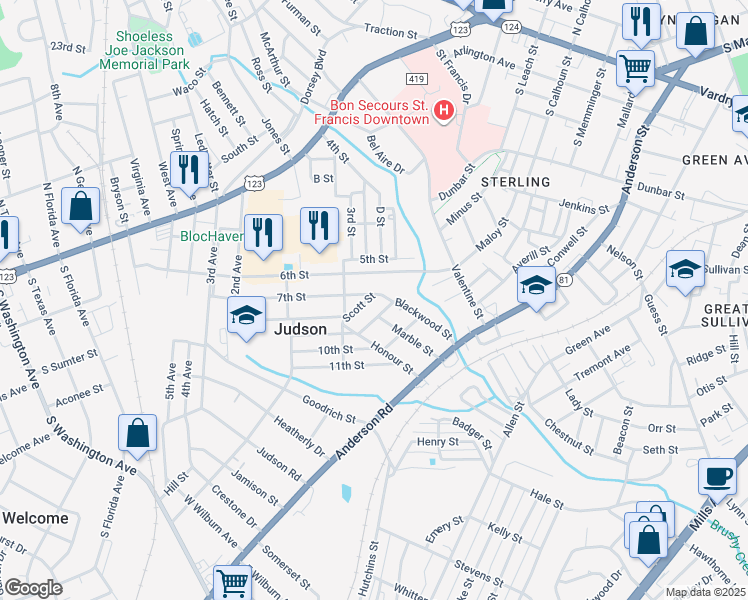 map of restaurants, bars, coffee shops, grocery stores, and more near 37 7th Street in Greenville