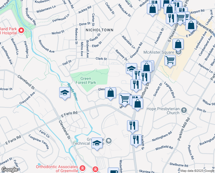 map of restaurants, bars, coffee shops, grocery stores, and more near 128 Glenn Road in Greenville