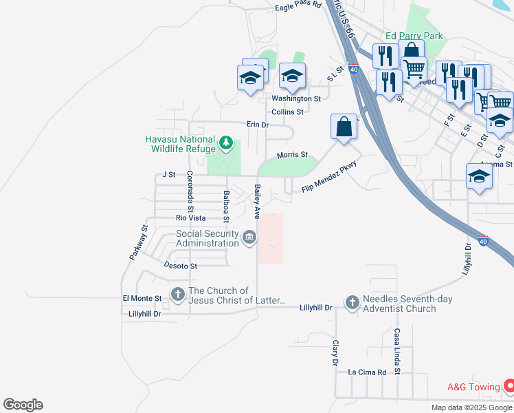 map of restaurants, bars, coffee shops, grocery stores, and more near Bailey Avenue in Needles