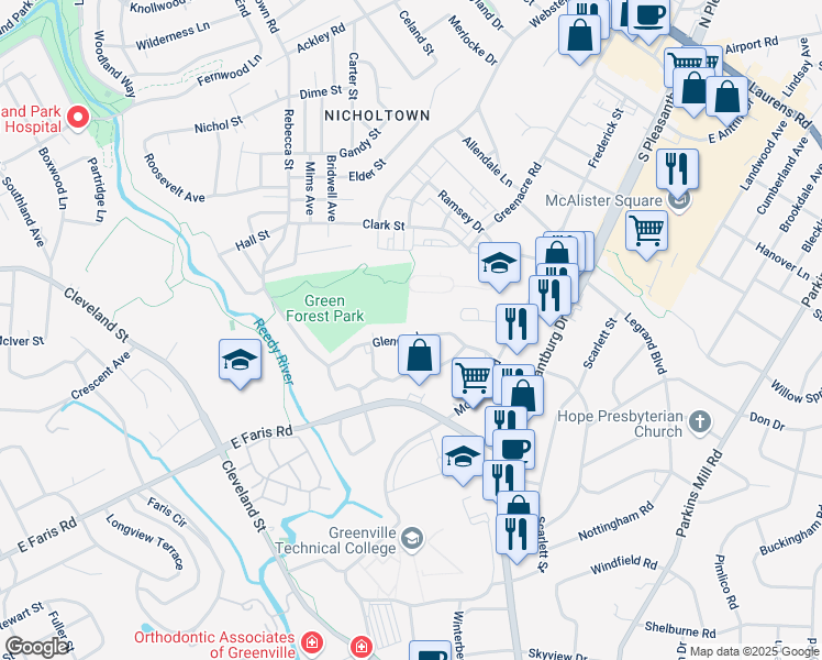 map of restaurants, bars, coffee shops, grocery stores, and more near 128 Glenn Road in Greenville
