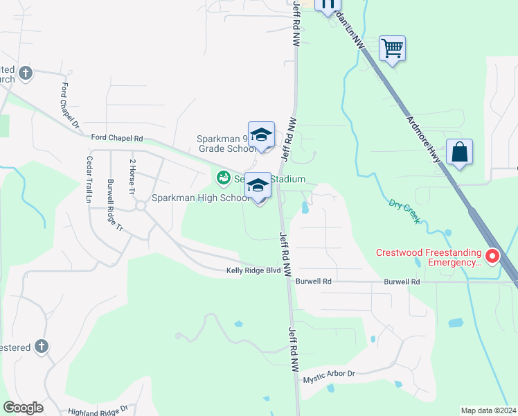 map of restaurants, bars, coffee shops, grocery stores, and more near 2616 Jeff Road Northwest in Harvest