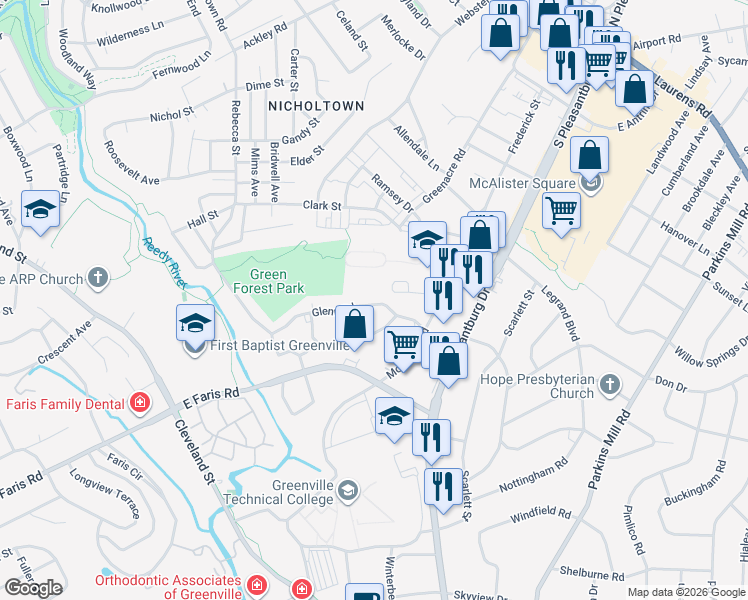 map of restaurants, bars, coffee shops, grocery stores, and more near 110 Glenn Road in Greenville