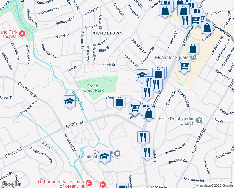 map of restaurants, bars, coffee shops, grocery stores, and more near 128 Glenn Road in Greenville