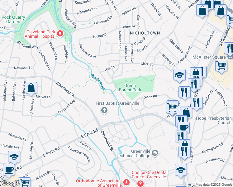 map of restaurants, bars, coffee shops, grocery stores, and more near 220 Alameda Street in Greenville