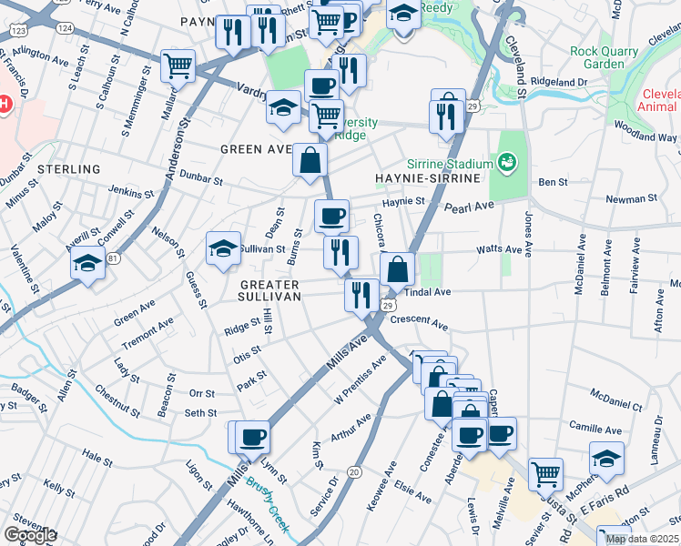 map of restaurants, bars, coffee shops, grocery stores, and more near 810 South Carolina 20 in Greenville