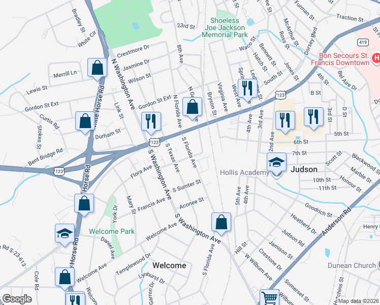 map of restaurants, bars, coffee shops, grocery stores, and more near 13 South Florida Avenue in Greenville