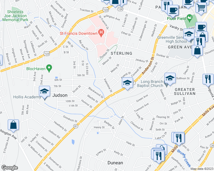 map of restaurants, bars, coffee shops, grocery stores, and more near 11B Valentine Street in Greenville