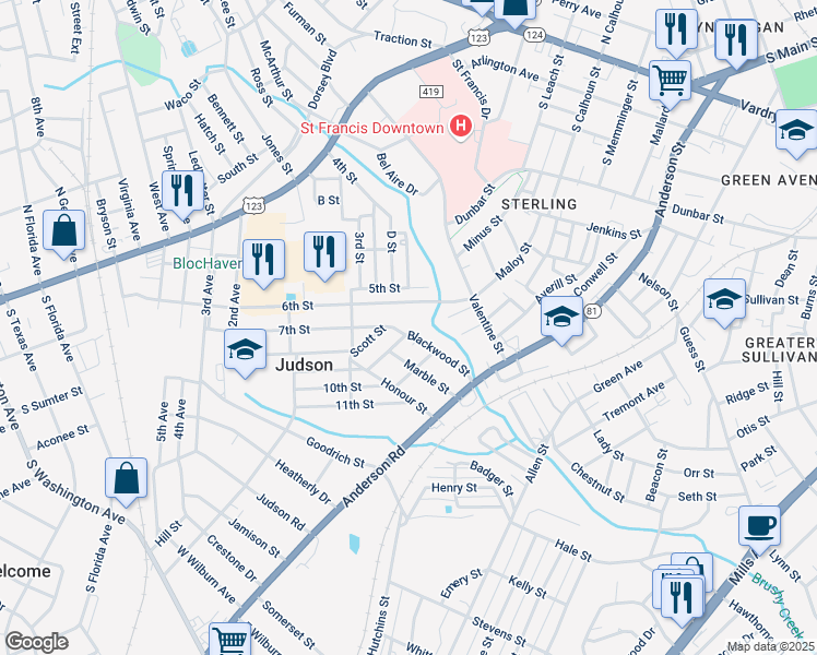map of restaurants, bars, coffee shops, grocery stores, and more near 200 Blackwood Street in Greenville