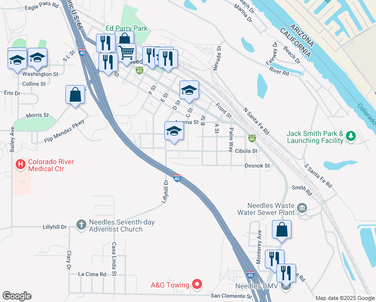 map of restaurants, bars, coffee shops, grocery stores, and more near 600 Cibola Street in Needles