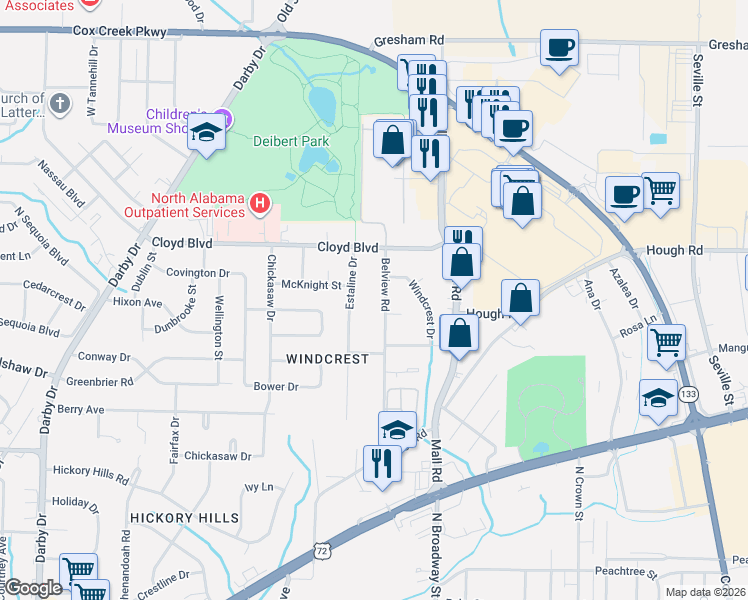 map of restaurants, bars, coffee shops, grocery stores, and more near 2269 Belview Road in Florence
