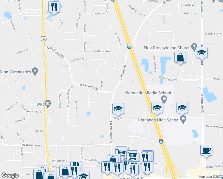 map of restaurants, bars, coffee shops, grocery stores, and more near 250 North Parkway Street in Hernando