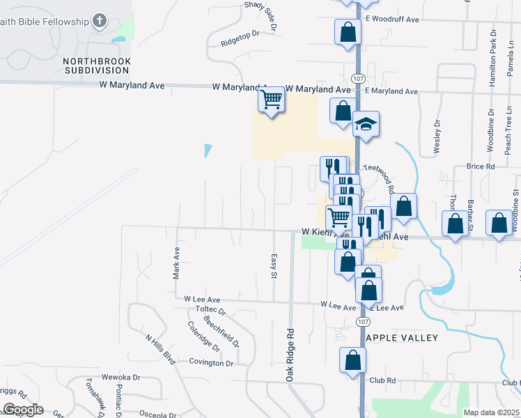 map of restaurants, bars, coffee shops, grocery stores, and more near 107 Chiliwood Lane in Sherwood