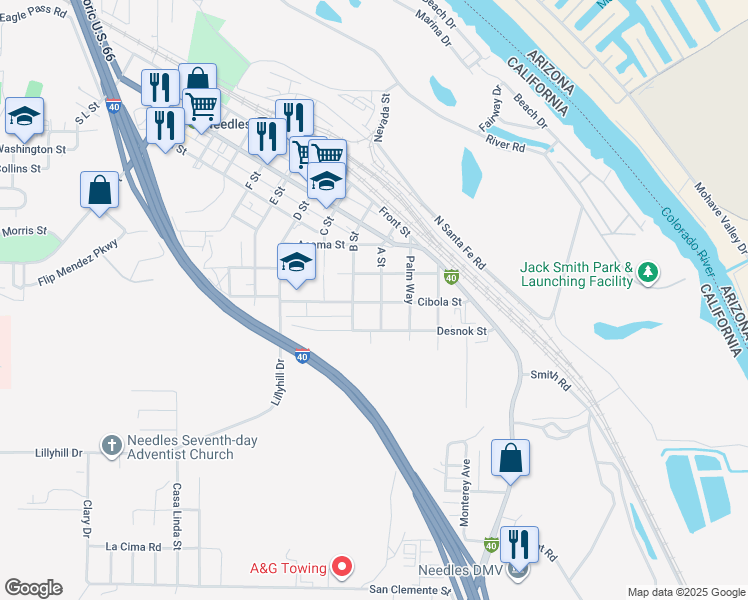 map of restaurants, bars, coffee shops, grocery stores, and more near 564 A Street in Needles